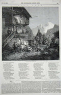 Original Old Antique Print 1849 Bear Hunt Sport Men Horse Cart Mountains House