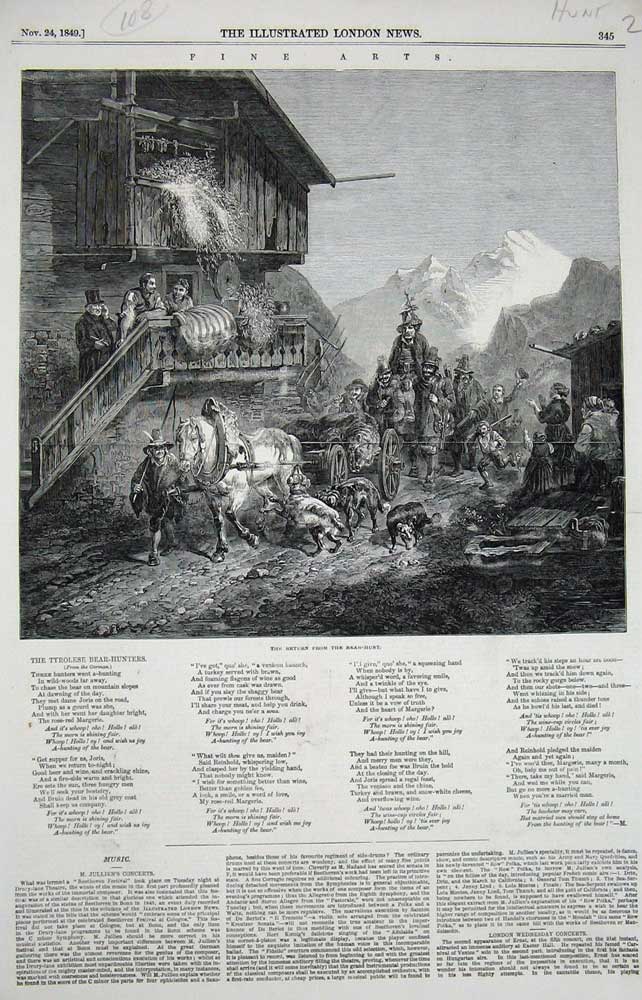 Original Old Antique Print 1849 Bear Hunt Sport Men Horse Cart Mountains House