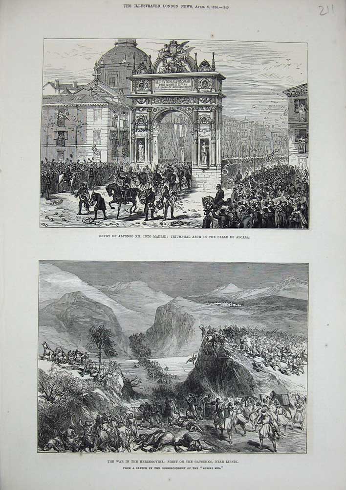 Original Old Antique Print 1876 War Herzegovina Gatschko Lipnik Alfonso Madrid