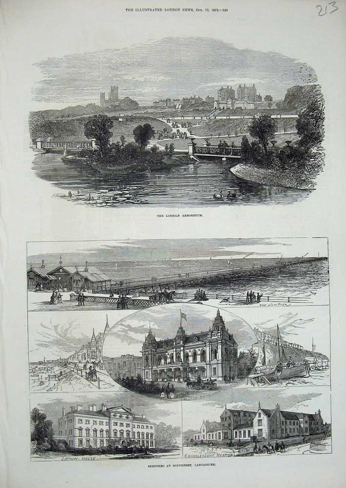 Original Old Antique Print 1872 Southport Lancashire Lincoln Arboretum Hospital