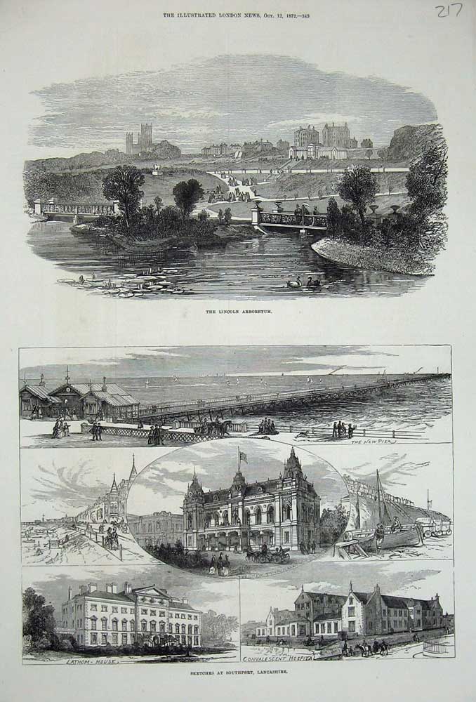 Original Old Antique Print Southport Lancashire 1872 Hospital Lincoln Arboretum