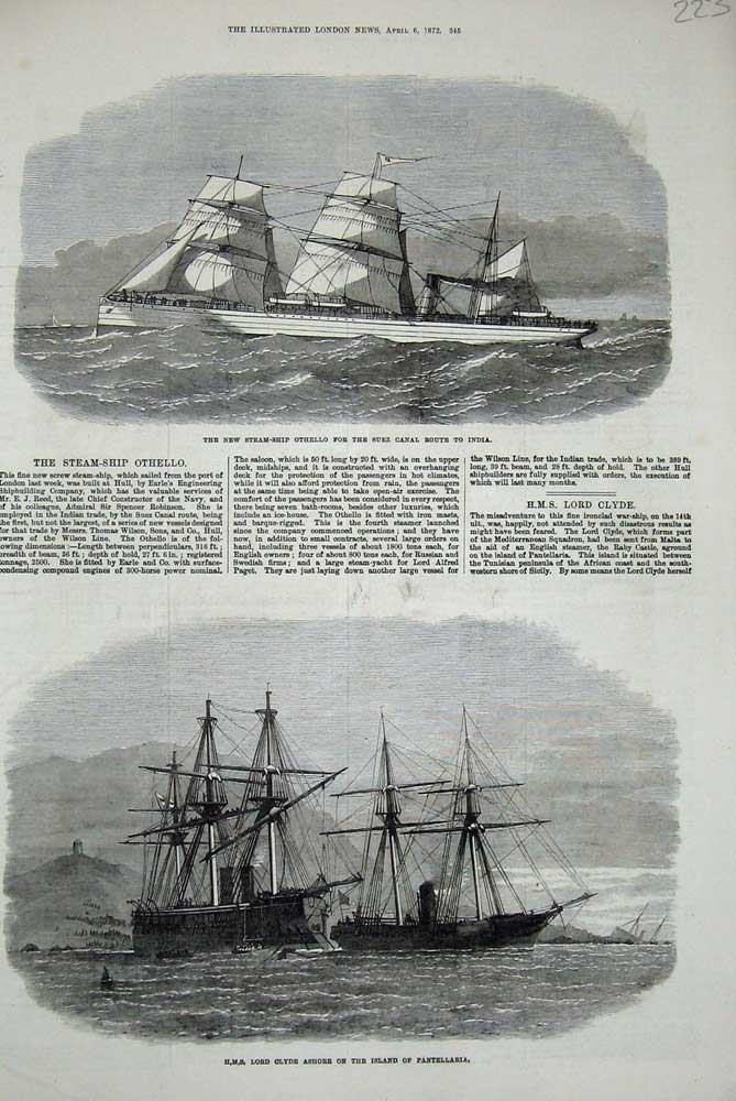 Original Old Antique Print 1872 Ship Lord Clyde Pantellaria Othello Suez Canal