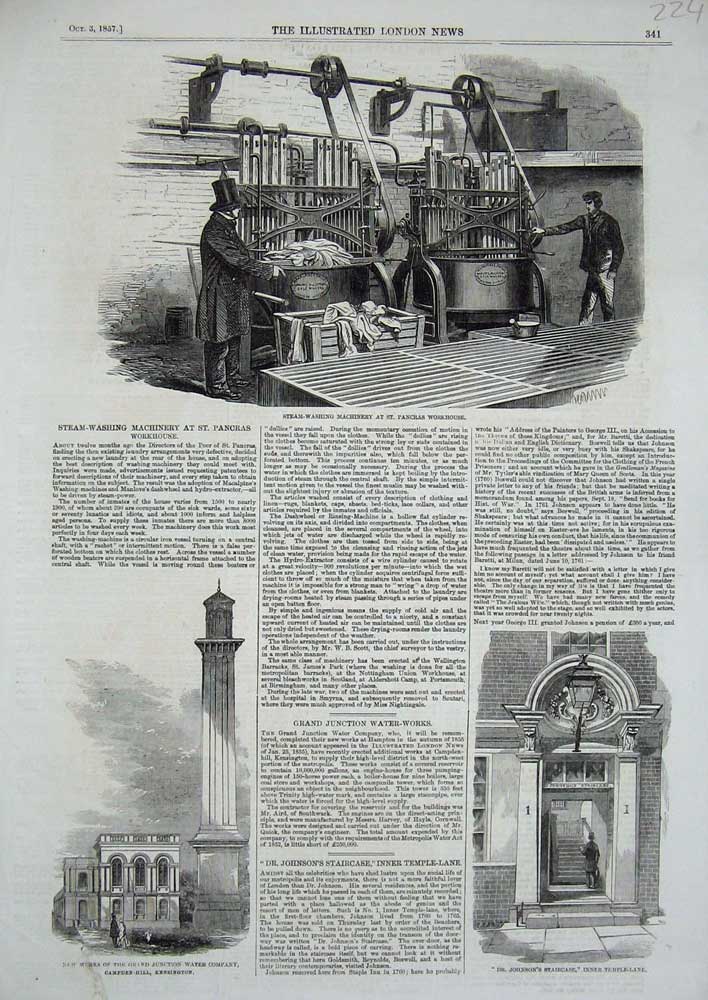 Original Old Antique Print 1857 Steam Washing Machinery Pancras Workhouse Water