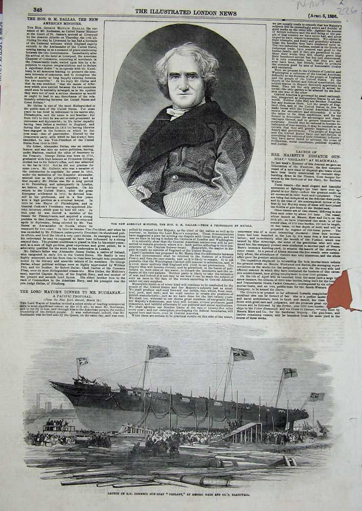 Original Old Antique Print 1856 American Minister Dallas Gun-Boat Vigilant Ship
