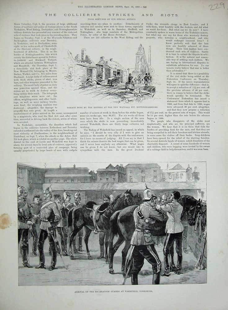 Original Old Antique Print 1893 Dragoon Guards Wakefield Yorkshire Watnall Pit