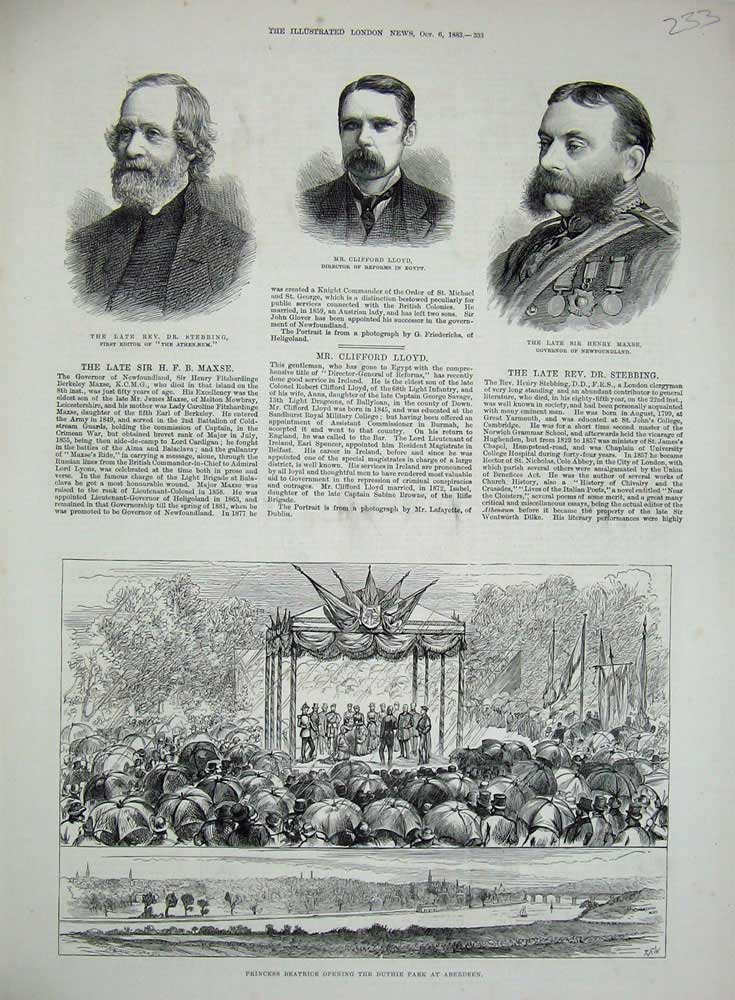 Old Antique Print 1883 Princess Beatrice Duthie Park Aberdeen Lloyd Maxse 19th