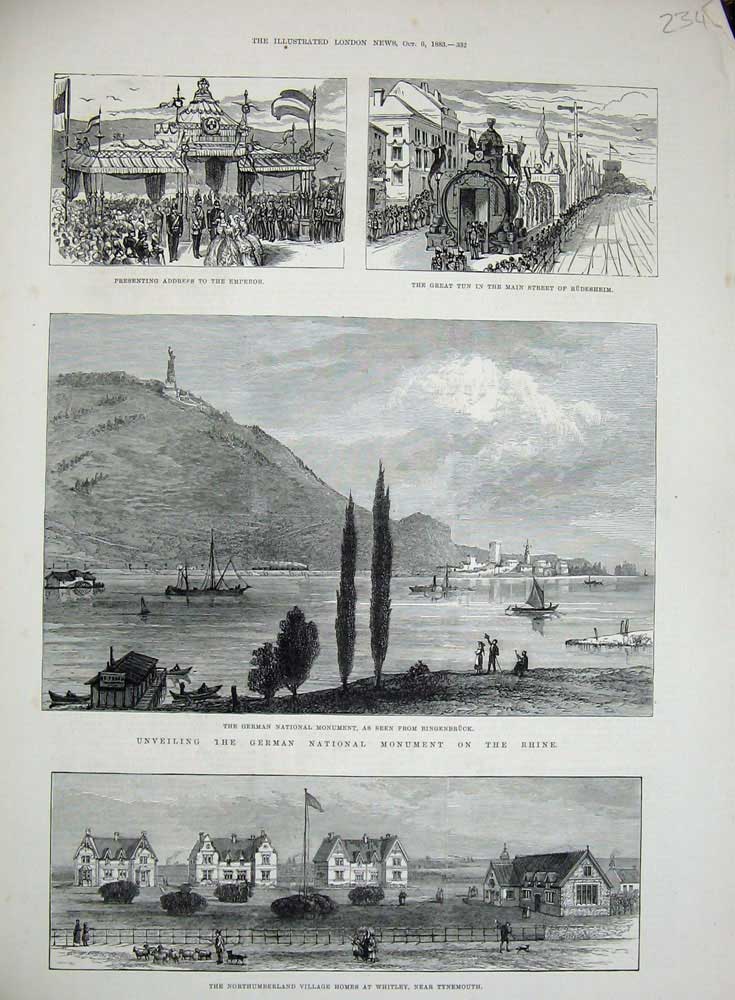Old Antique Print 1883 German National Monument Rhine Whitley Tynemouth 19th