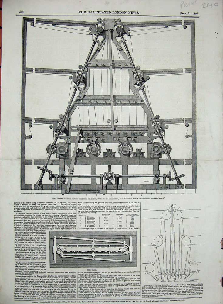 Original Old Antique Print 1846 Patent Double Action Ing Machine London News