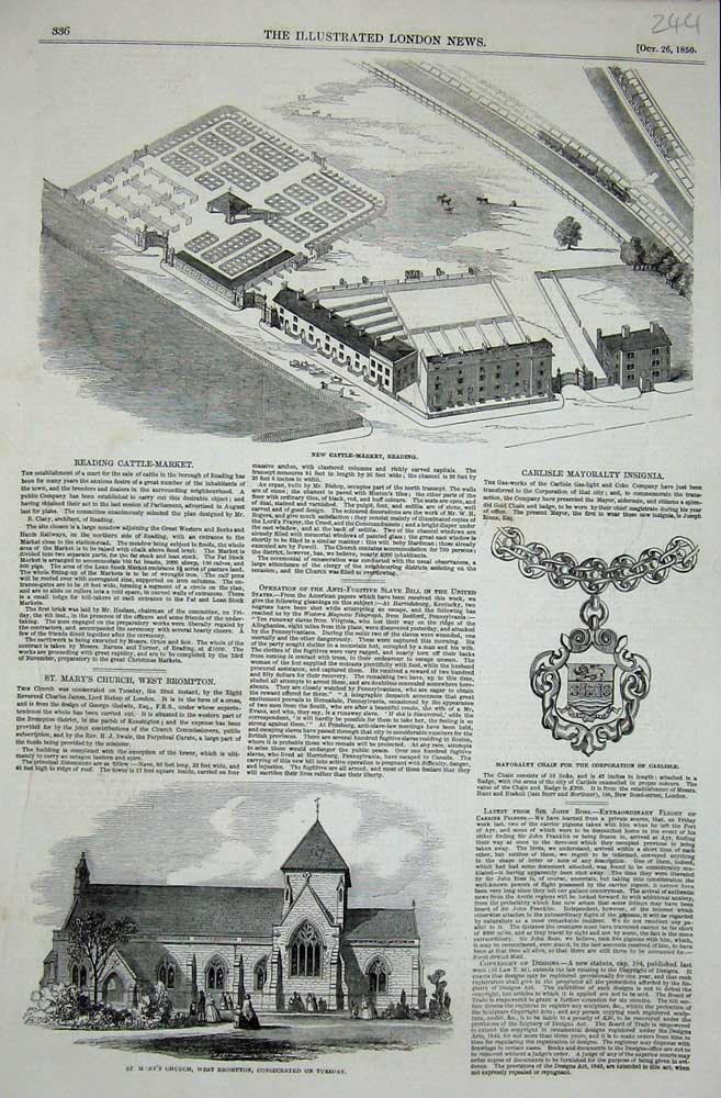 Old Antique Print 1850 Mary'S Church Brompton Cattle Market Reading Chain 19th