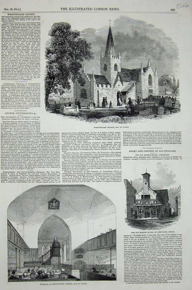Original Old Antique Print 1850 Whippingham Church Isle Wight Ashburton Devon