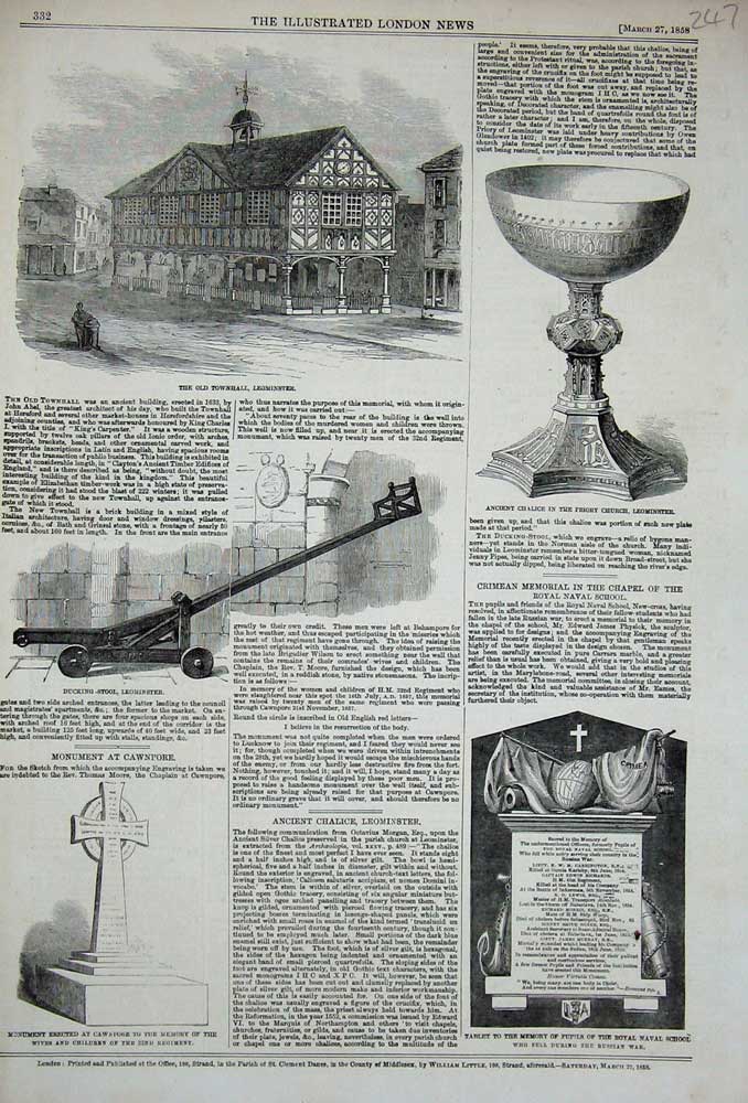 Old Antique Print Townhall Leominster 1858 Chalice Priory Church Cawnpore 19th