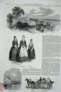 Original Old Antique Print 1851 King Ferry Boat Denmark Costumes Funen Carriage