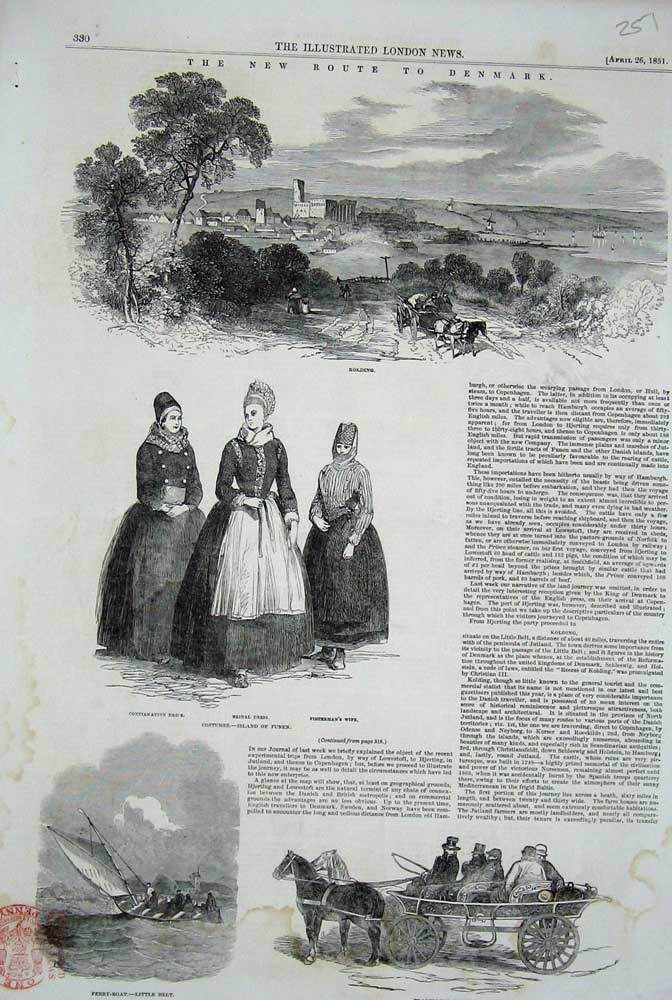 Original Old Antique Print 1851 King Ferry Boat Denmark Costumes Funen Carriage