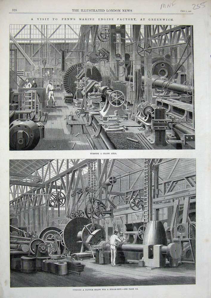 Old Antique Print 1865 Penn'S Marine Engine Factory Greenwich Crank Axle 19th