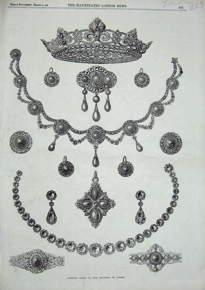 Original Old Antique Print 1863 Wedding Gifts Princess Wales Jewellery Necklace