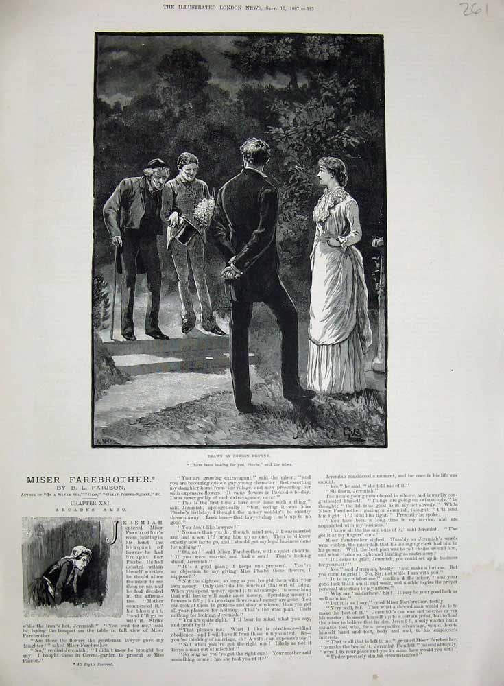 Original Old Antique Print 1887 Gordon Browne Miser Farebrother Phoebe Lady Men