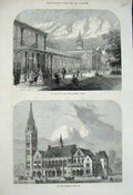 Old Antique Print 1871 Pavilion Public Gardens Buxton Townhall Rochdale 19th