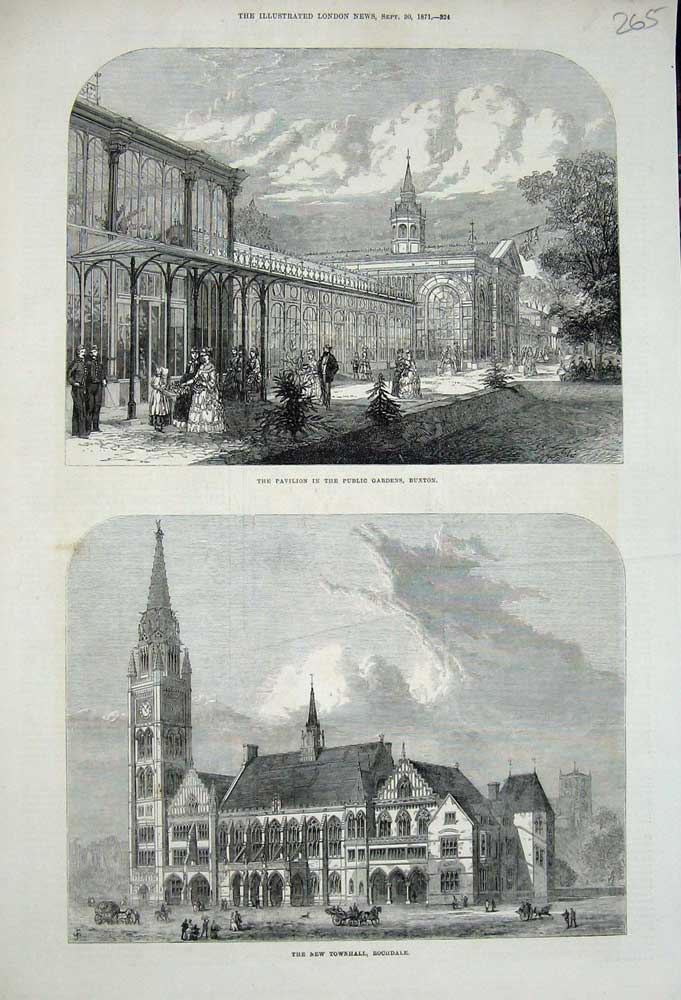 Old Antique Print 1871 Pavilion Public Gardens Buxton Townhall Rochdale 19th