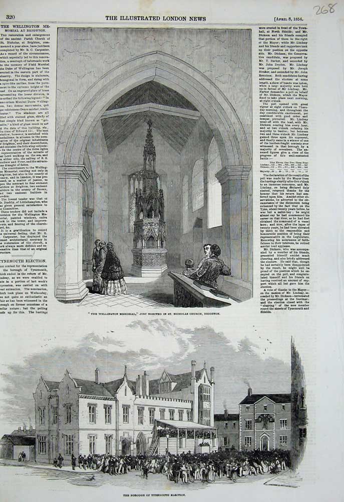 Original Old Antique Print Wellington Memorial Church Brighton 1854 Tynemouth