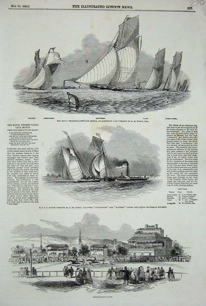 Original Old Antique Print 1845 Royal Thames Yacht Club Mystery Shresbury Races