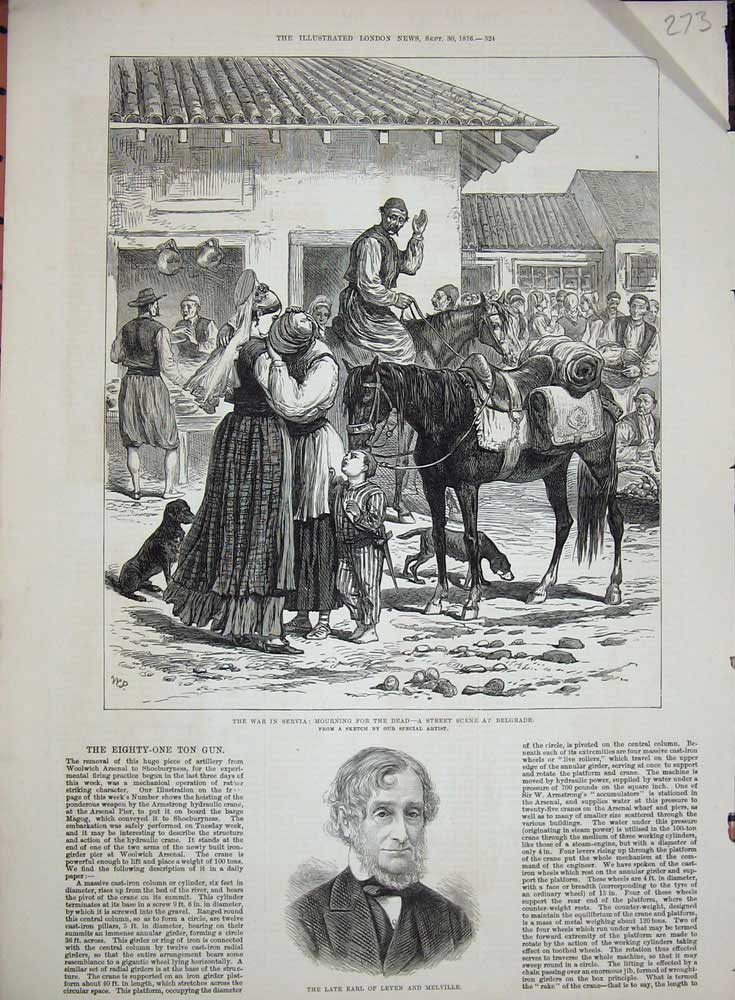 Old Antique Print 1876 War Servia Street Dog Belgrade Earl Leven Melville 19th