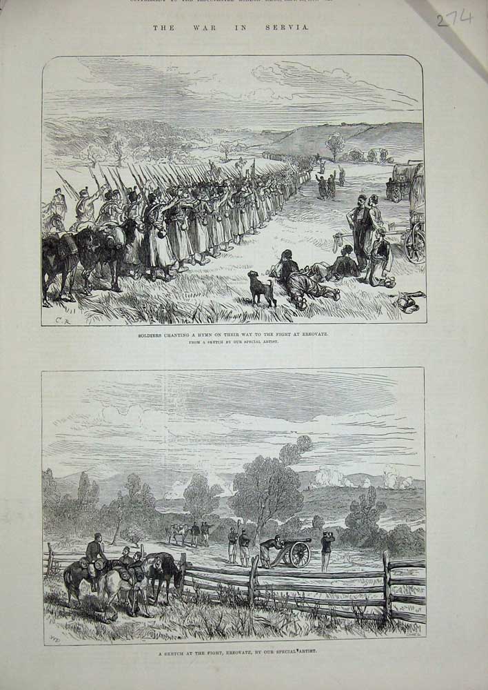 Original Old Antique Print 1876 War Servia Siers Ereovatz Battle Army Weapons