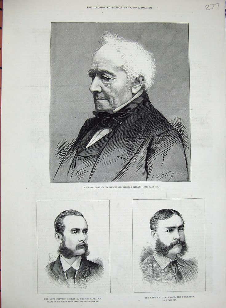 Old Antique Print 1880 Lord Fitzroy Kelly Grace Cricketer Cruikshank War 19th