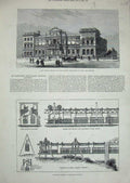 Original Old Antique Print 1880 Public Library Art Newcastle Collett'S Railways