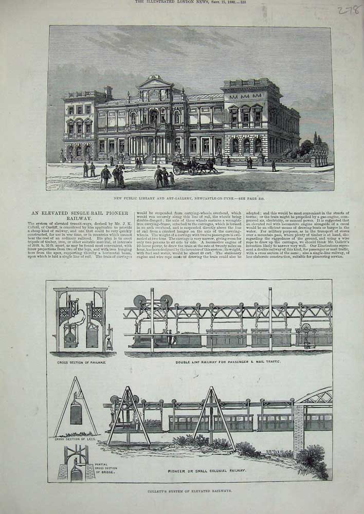 Original Old Antique Print 1880 Public Library Art Newcastle Collett'S Railways