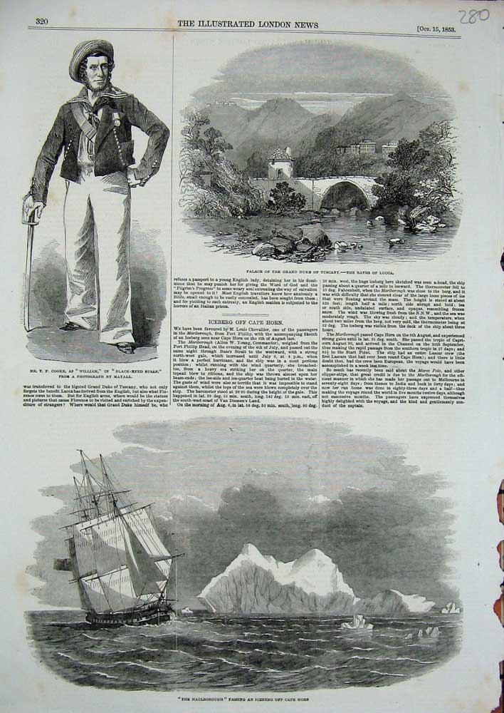 Old Antique Print 1853 Marlborough Ship Iceberg Cape Horn Cook Duke Lucca 19th