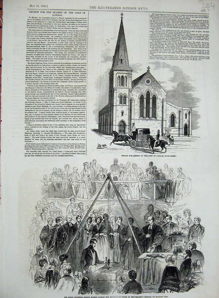 Original Old Antique Print Church Seamen Port London 1846 Prince Albert Dock