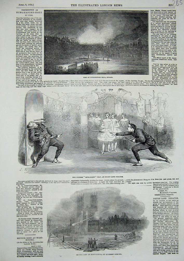 Old Antique Print 1854 Fire Hungerford Strand Drury Theatre Westminster 19th
