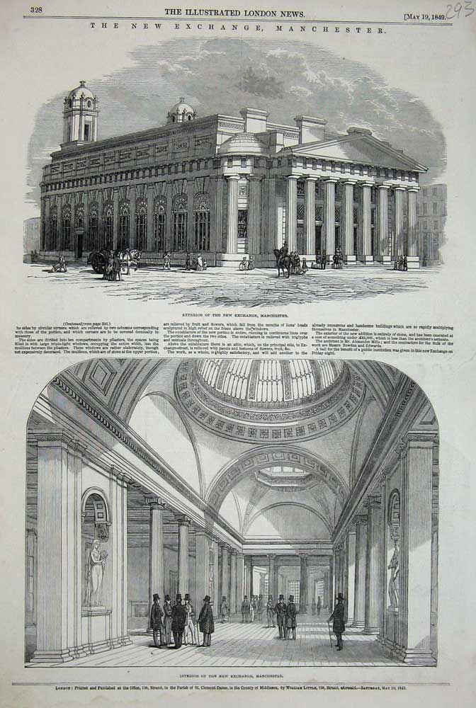 Original Old Antique Print 1849 New Exchange Manchester Architecture Building
