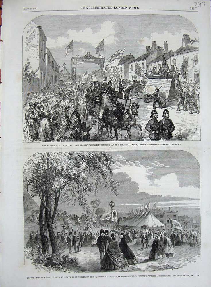 Old Antique Print 1862 Preston Guild Festival Dumfries Galloway Flowers 19th