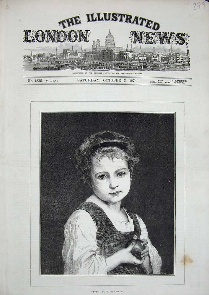 Original Old Antique Print 1874 Portrait Little Girl Eve Apple Bouguereau 19th