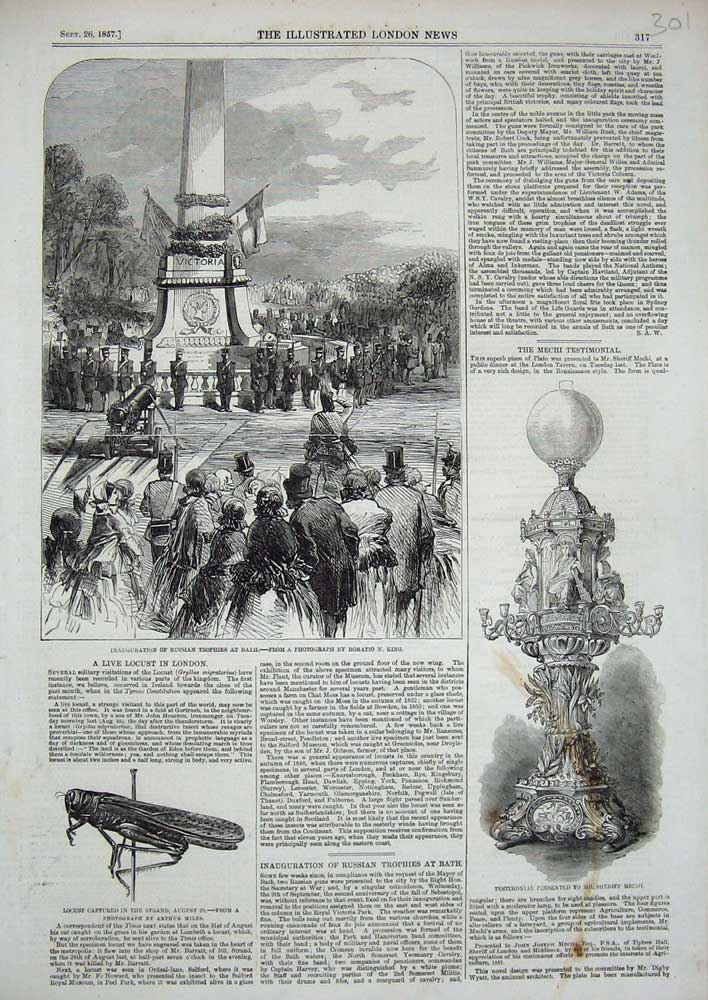 Old Antique Print 1857 Locust Testimonial Mechi Russian Trophies Bath War 19th