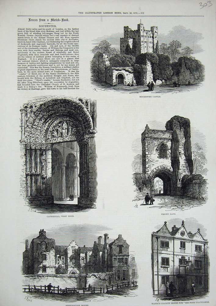 Old Antique Print 1876 Rochester Castle Priory Gate Cathedral Watt'S Art 19th