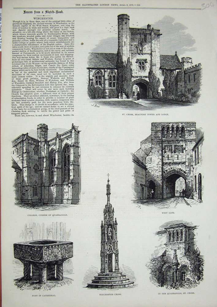 Old Antique Print Winchester 1878 Cross Cathedral Quadrangle Tower Lodge 19th
