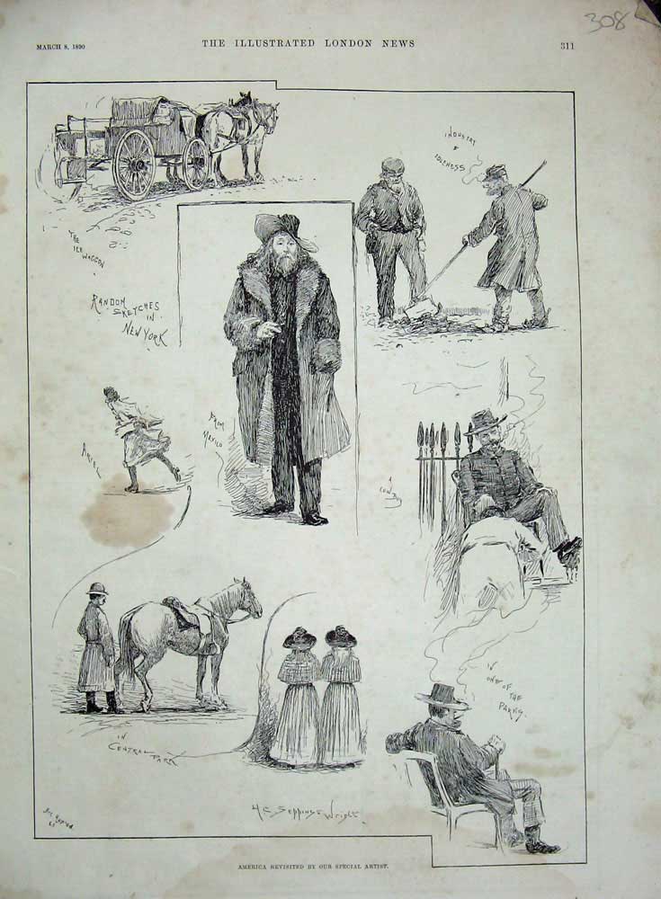 Original Old Antique Print 1890 America New York Central Park Ice Waggon Horses