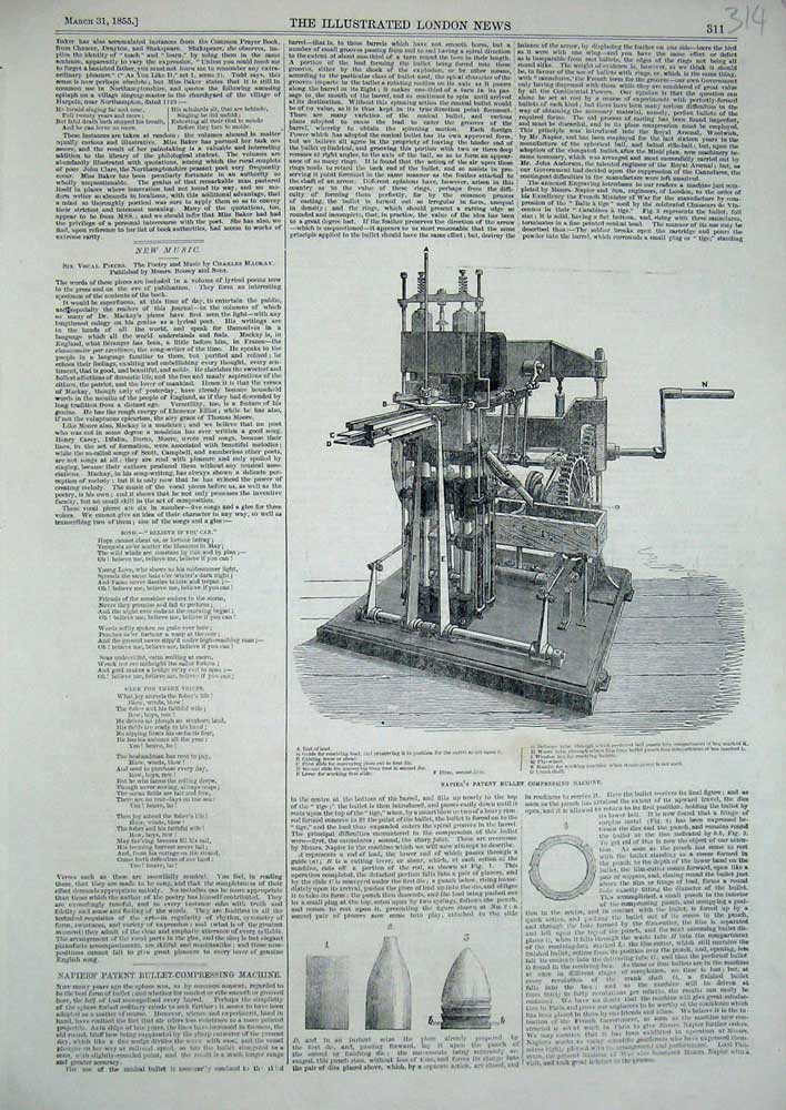 Original Old Antique Print 1855 Napier'S Patent Bullet Compressing Machine 19th