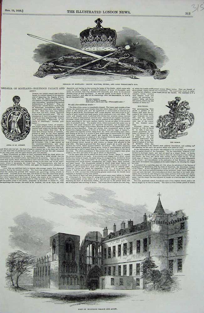Old Antique Print 1850 Holyrood Palace Abbey Scotland Crown Rod Sceptre 19th