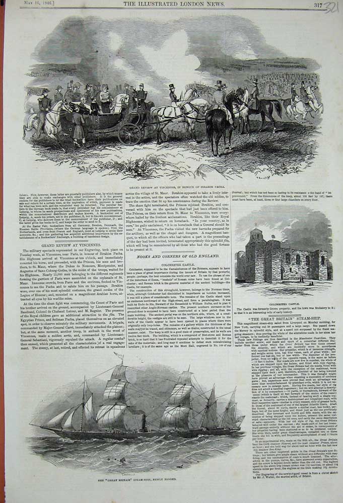 Old Antique Print 1846 Steam Ship Great Britain Colchester Castle Ibrahim 19th