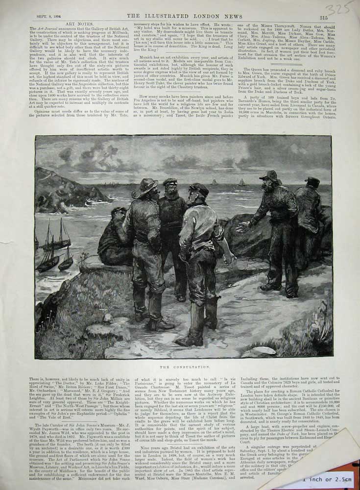 Original Old Antique Print 1894 Fishermen Ships Boats Rocks Sea Fine Art 19th