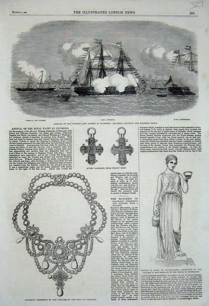 Original Old Antique Print 1863 Ship Defence Victoria Albert Statue Hebe Dagmar