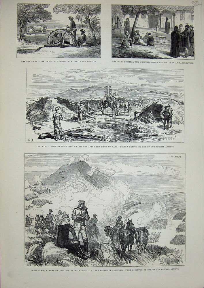 Original Old Antique Print 1877 Kemball M'Dougall Battle Jahnilar War Hospital