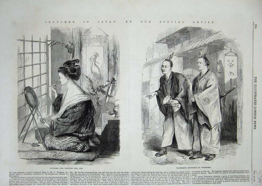 Original Old Antique Print 1864 Japanese Girl Painting Mistrels Yokohama Japan