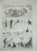 Original Old Antique Print 1884 Walking Tour Story Illustrations Police Country