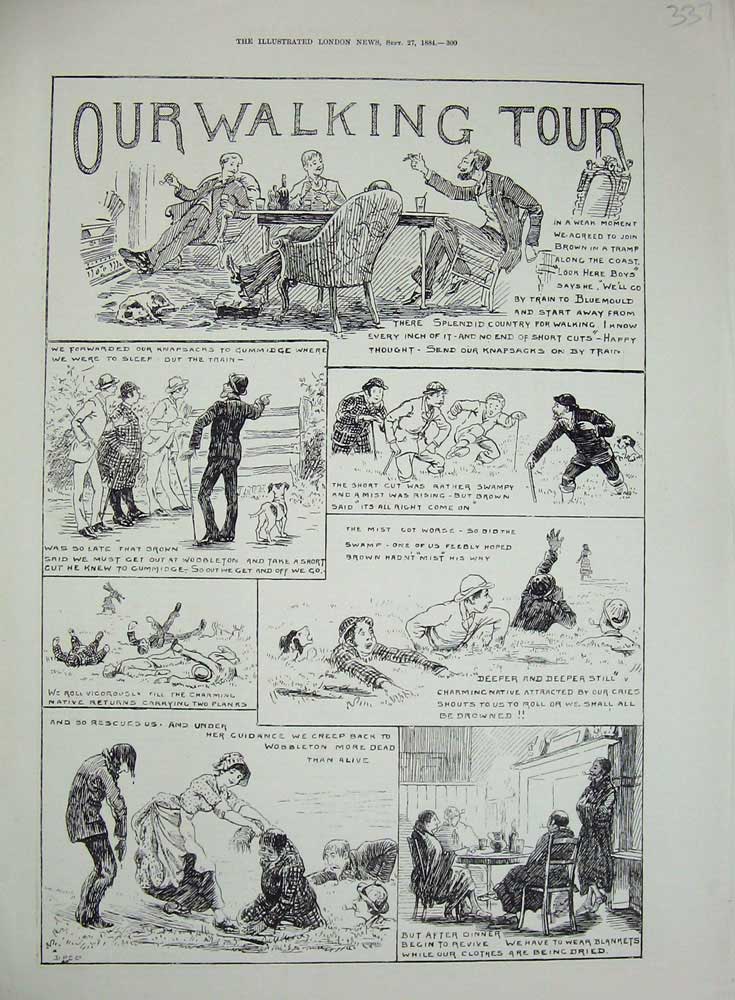 Original Old Antique Print 1884 Walking Tour Story Illustrations Police Country