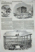 Original Old Antique Print 1844 Ruins Mill ham Brikenhead Docks Bonner'S Hall