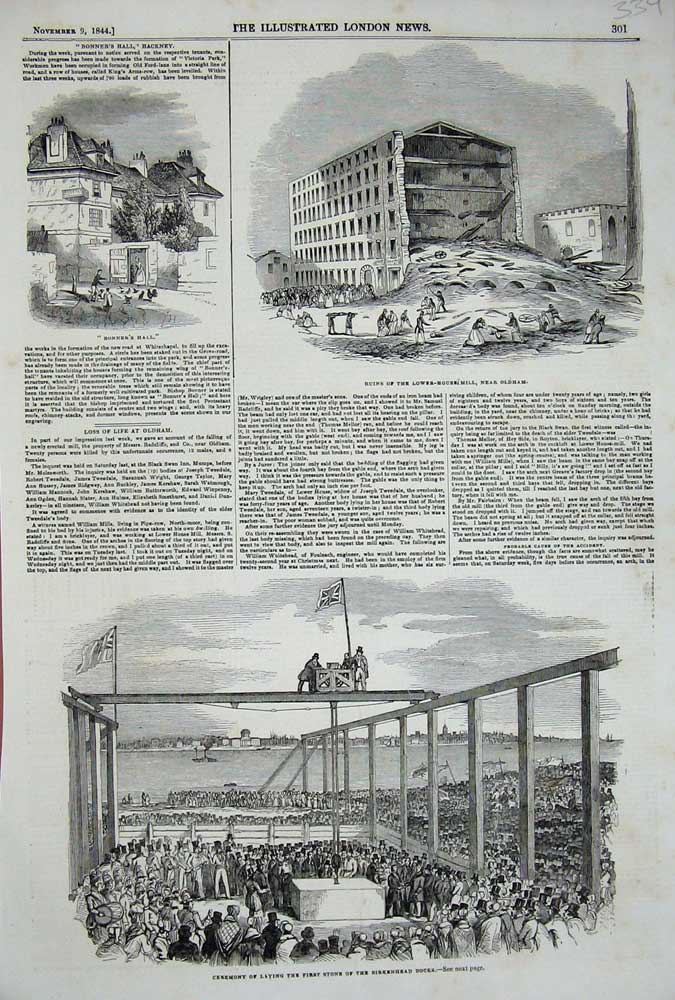 Original Old Antique Print 1844 Ruins Mill ham Brikenhead Docks Bonner'S Hall